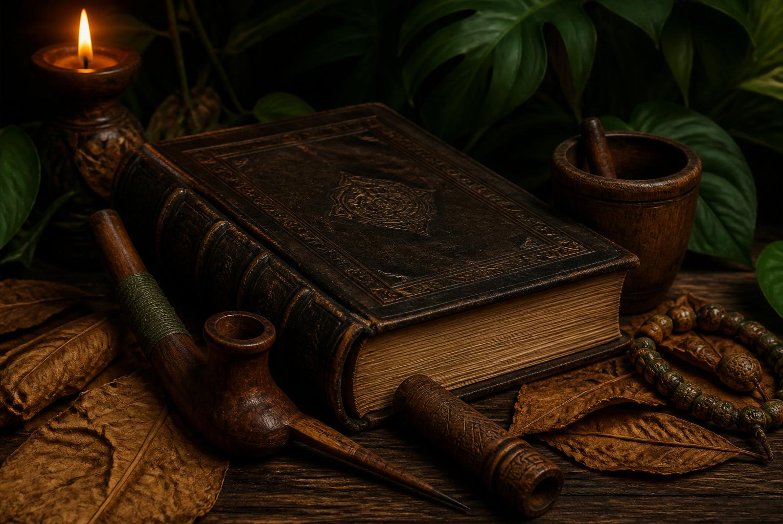 Livro antigo sobre madeira com folhas de tabaco, kuripe e tepi